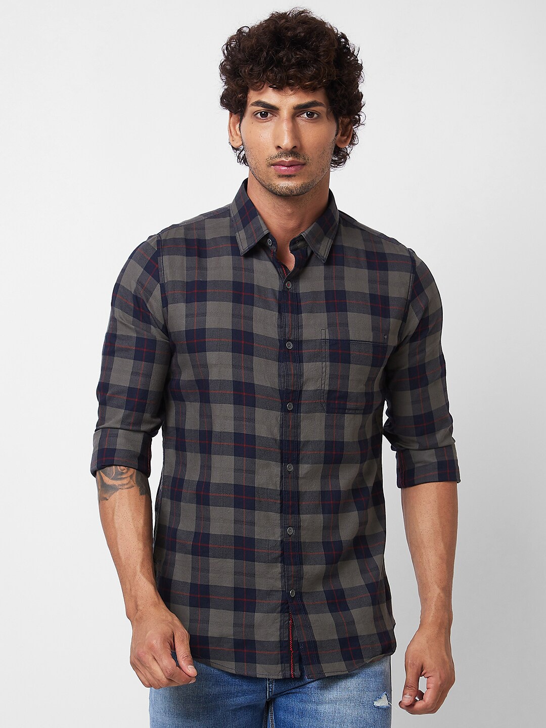 

SPYKAR Men Opaque Checked Cotton Casual Shirt, Khaki