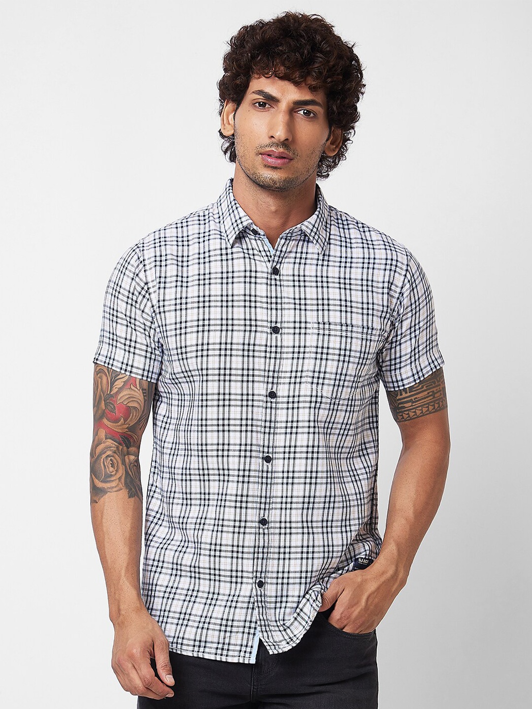 

SPYKAR Checked Spread Collar Cotton Opaque Casual Shirt, Blue