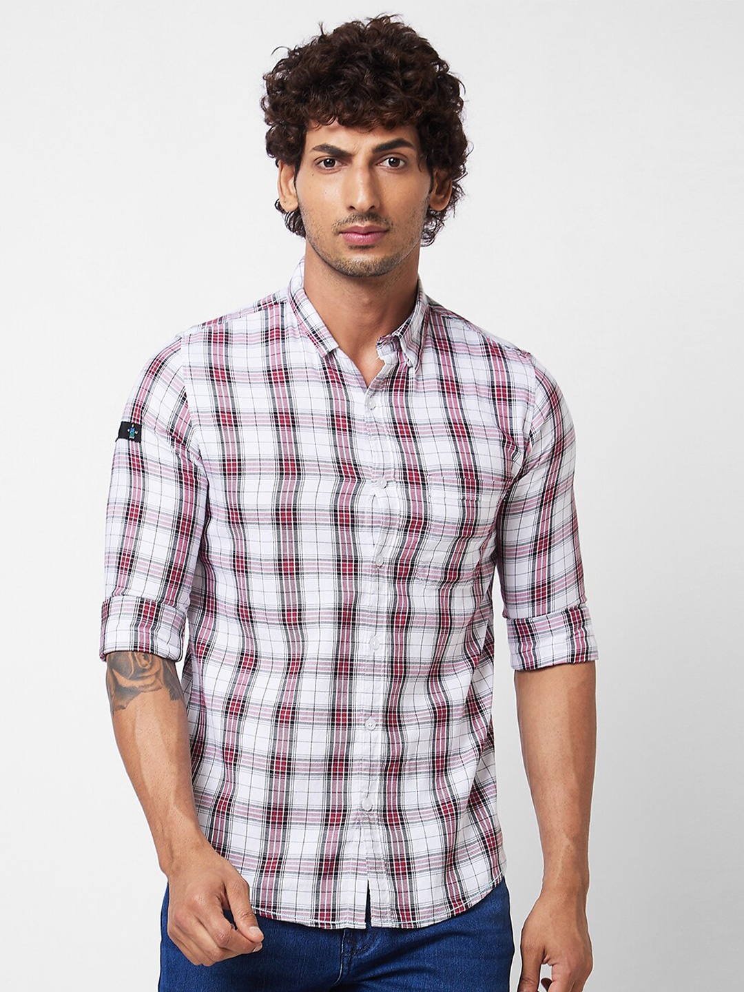 

SPYKAR Long Sleeves Regular Fit Cotton Tartan Checks Opaque Checked Casual Shirt, Red