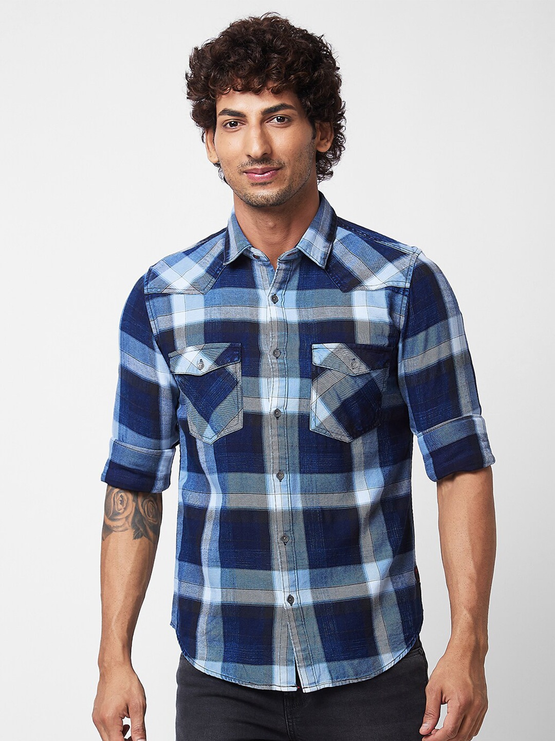 

SPYKAR Checked Spread Collar Cotton Casual Shirt, Grey