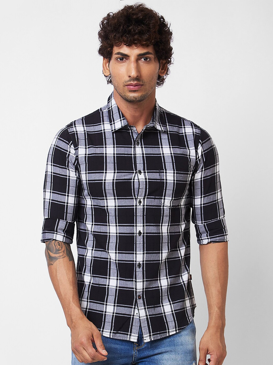 

SPYKAR Tartan Checked Spread Collar Cotton Casual Shirt, Black