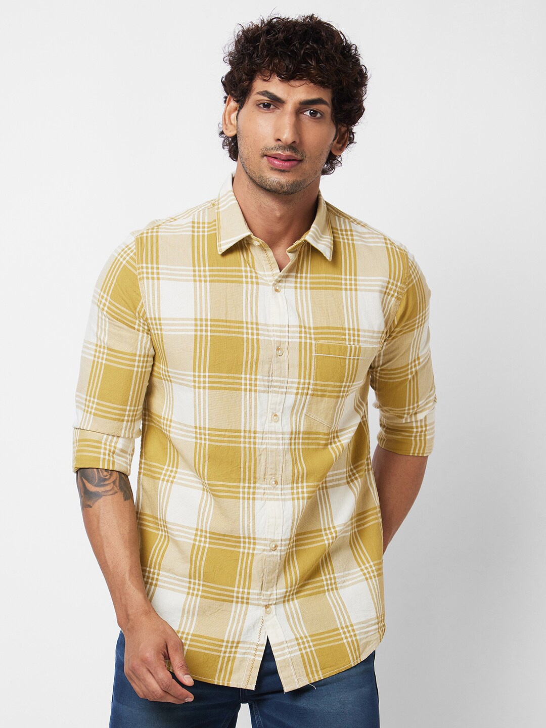 

SPYKAR Spread Collar Tartan Checks Opaque Checked Cotton Casual Shirt, Mustard