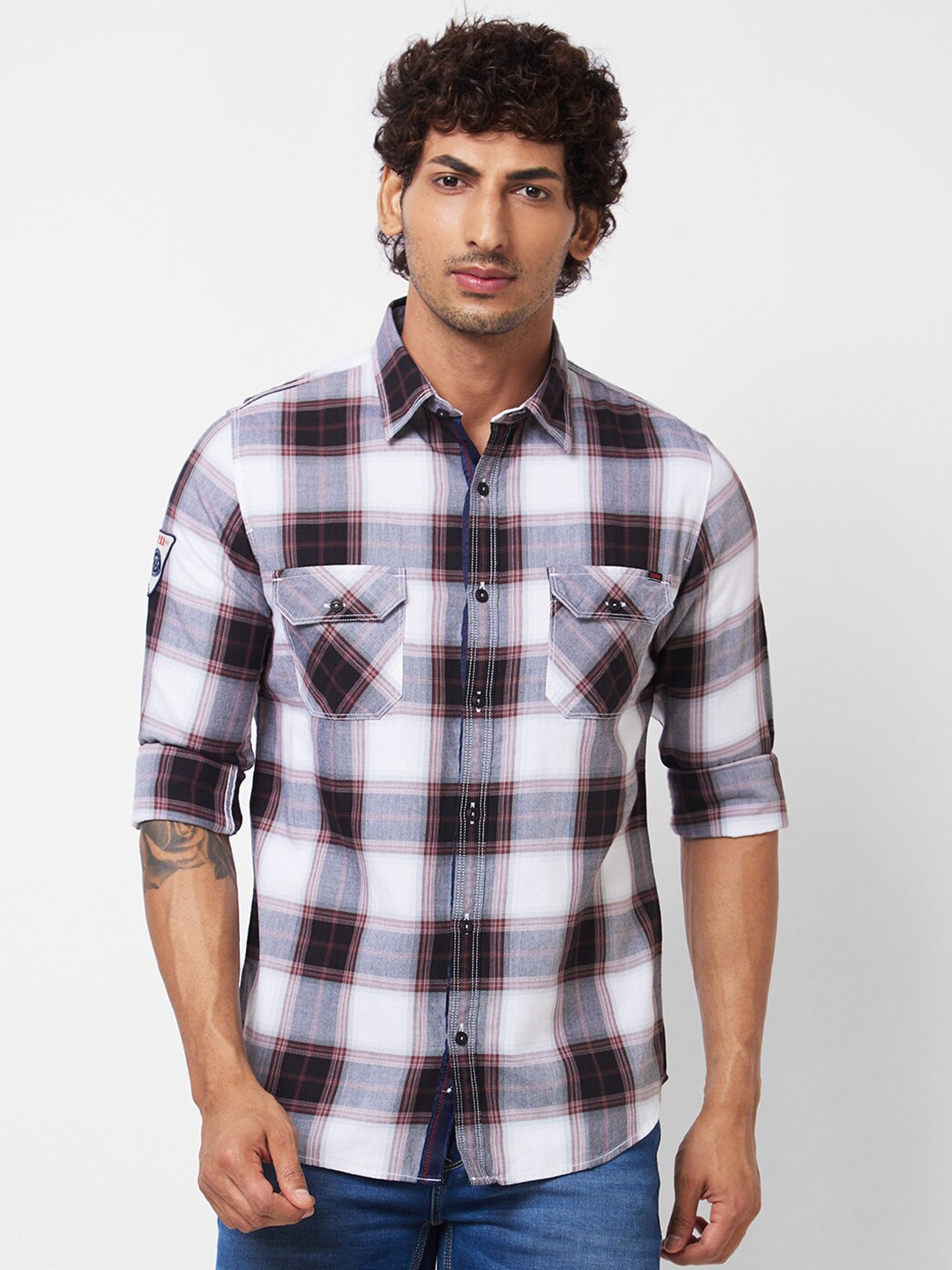 

SPYKAR Spread Collar Long Sleeves Tartan Checks Cotton Casual Shirt, White