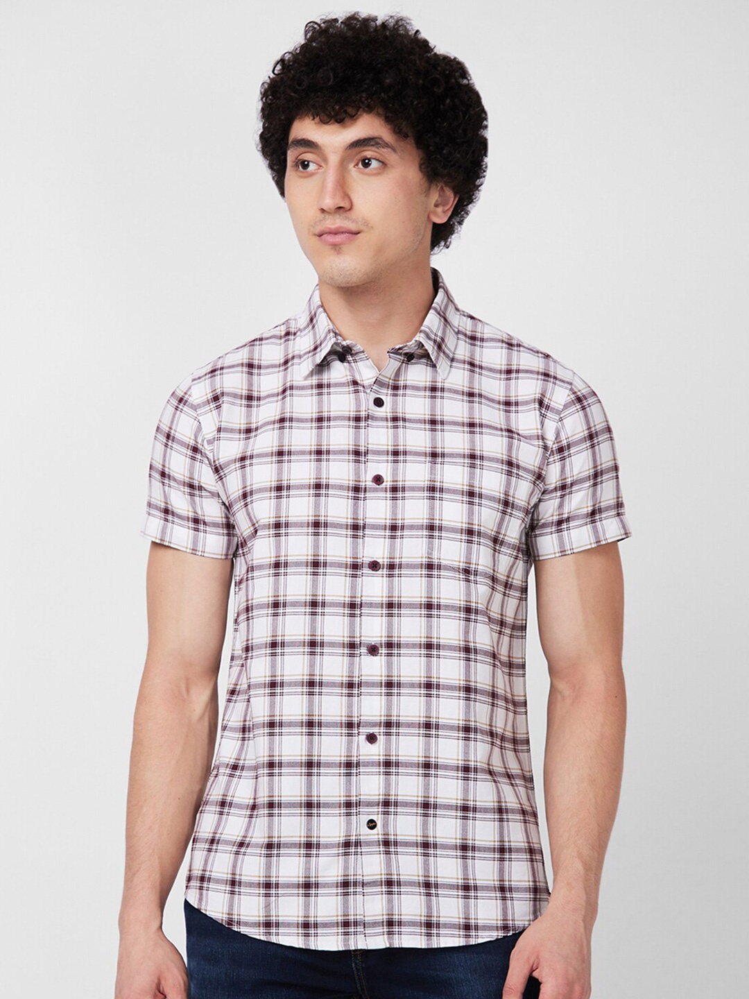 

SPYKAR Short Sleeves Regular Fit Cotton Tartan Checks Opaque Checked Casual Shirt, Red