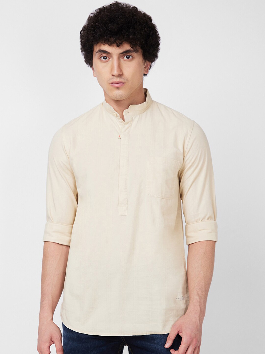 

SPYKAR Mandarin Collar Opaque Cotton Casual Shirt, Beige