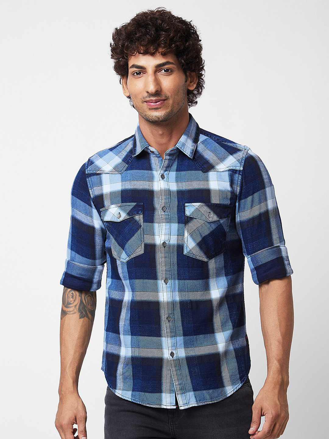 

SPYKAR Plus Size Checked Spread Collar Cotton Casual Shirt, Grey