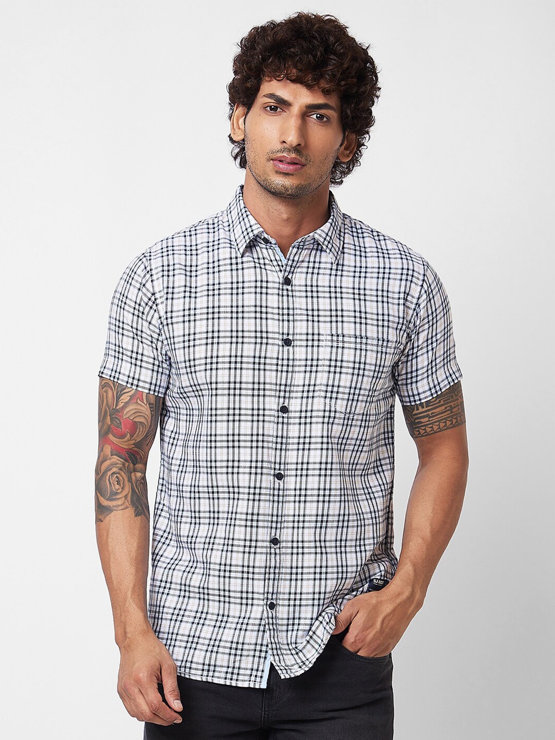 

SPYKAR Spread Collar Long Sleeves Cotton Checked Casual Shirt, Blue