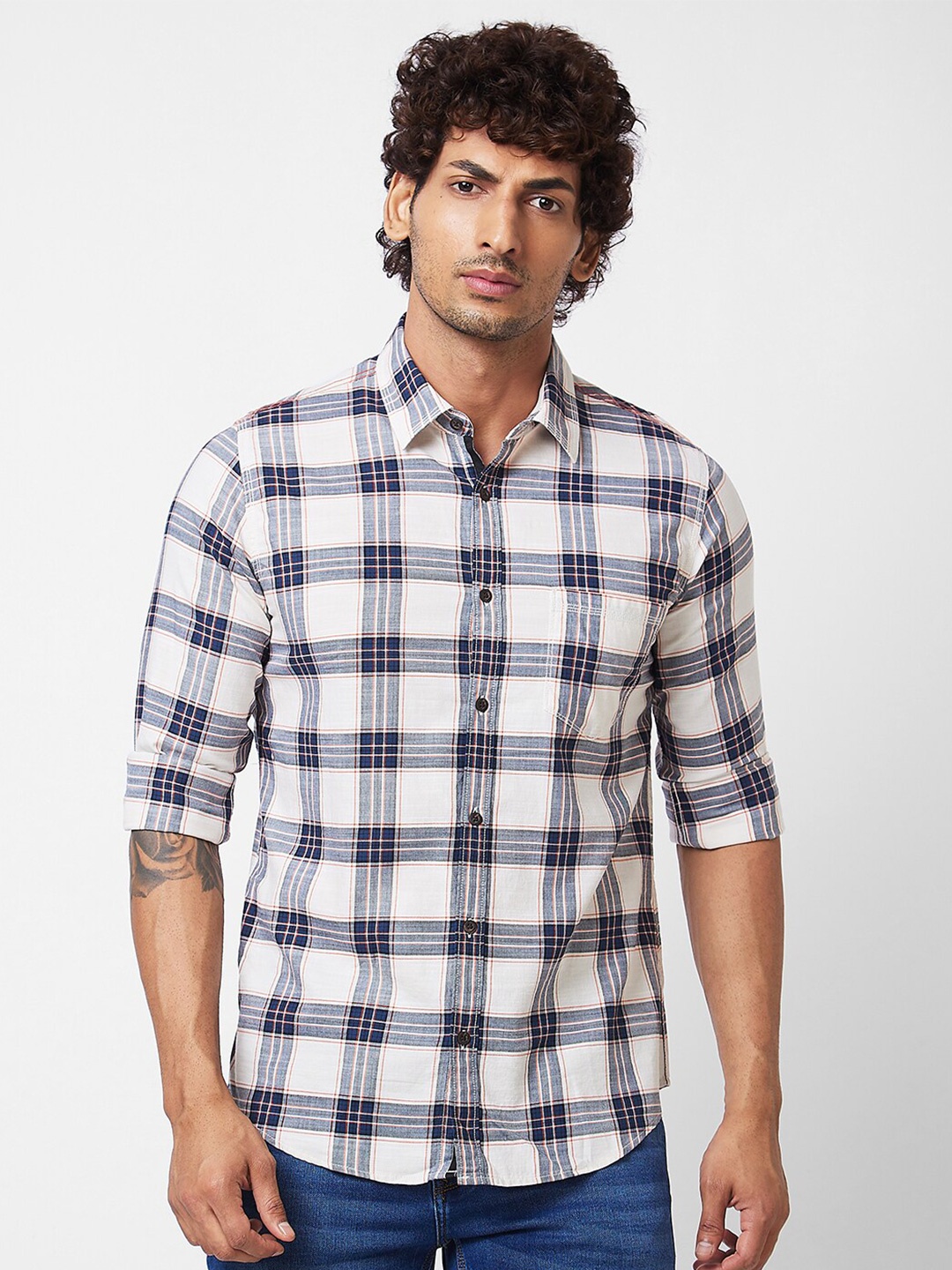 

SPYKAR Tartan Checked Spread Collar Cotton Casual Shirt, Blue