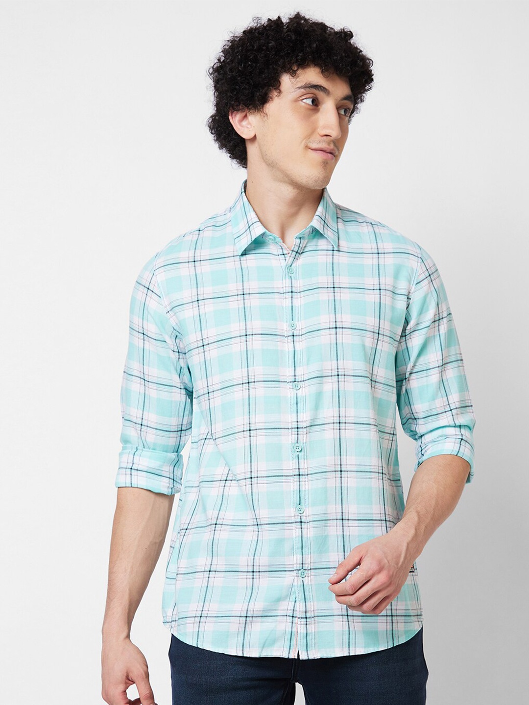 

SPYKAR Spread Collar Long Sleeves Tartan Checks Cotton Casual Shirt, Blue