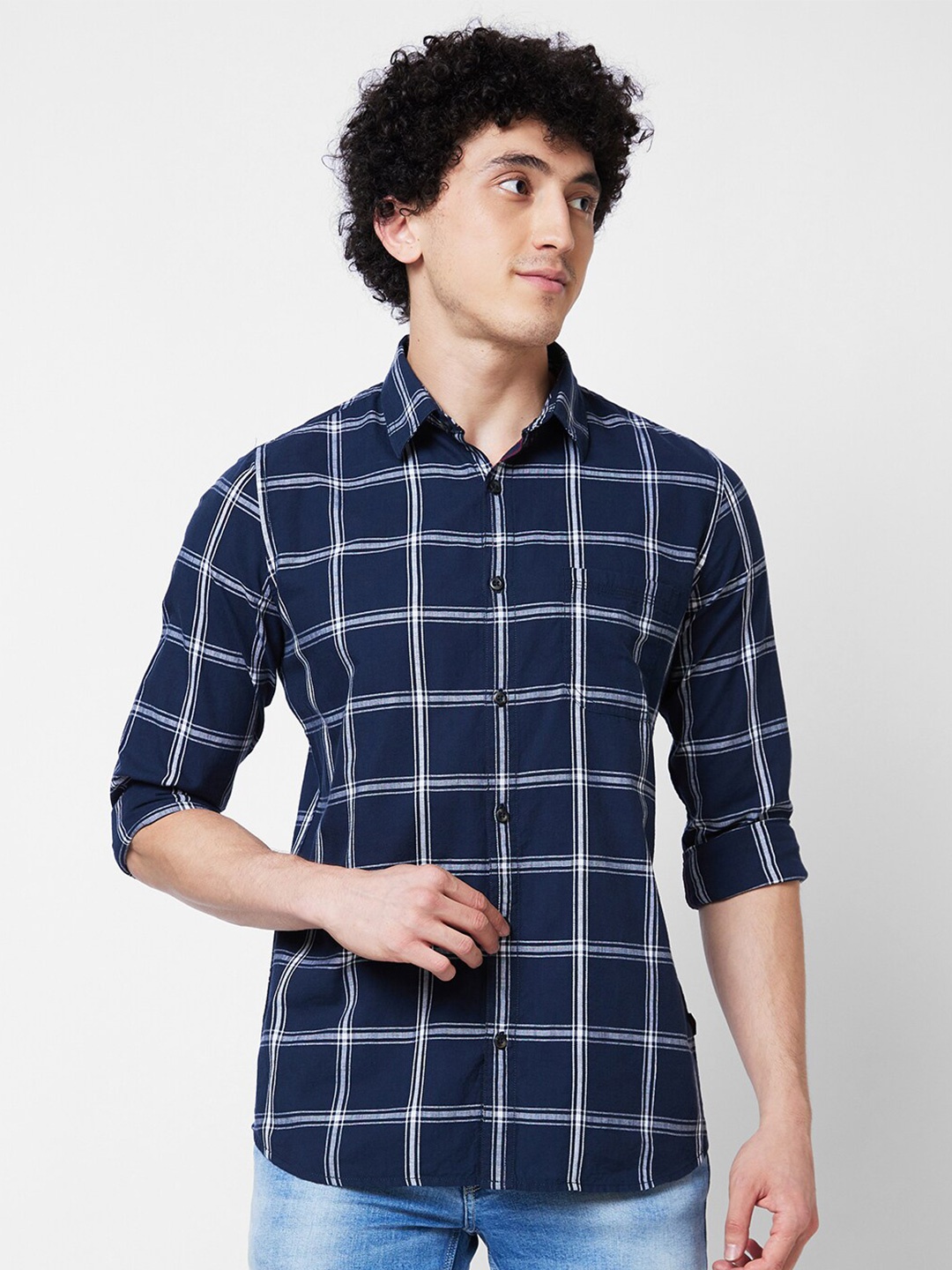 

SPYKAR Spread Collar Long Sleeves Windowpane Checks Cotton Casual Shirt, Blue