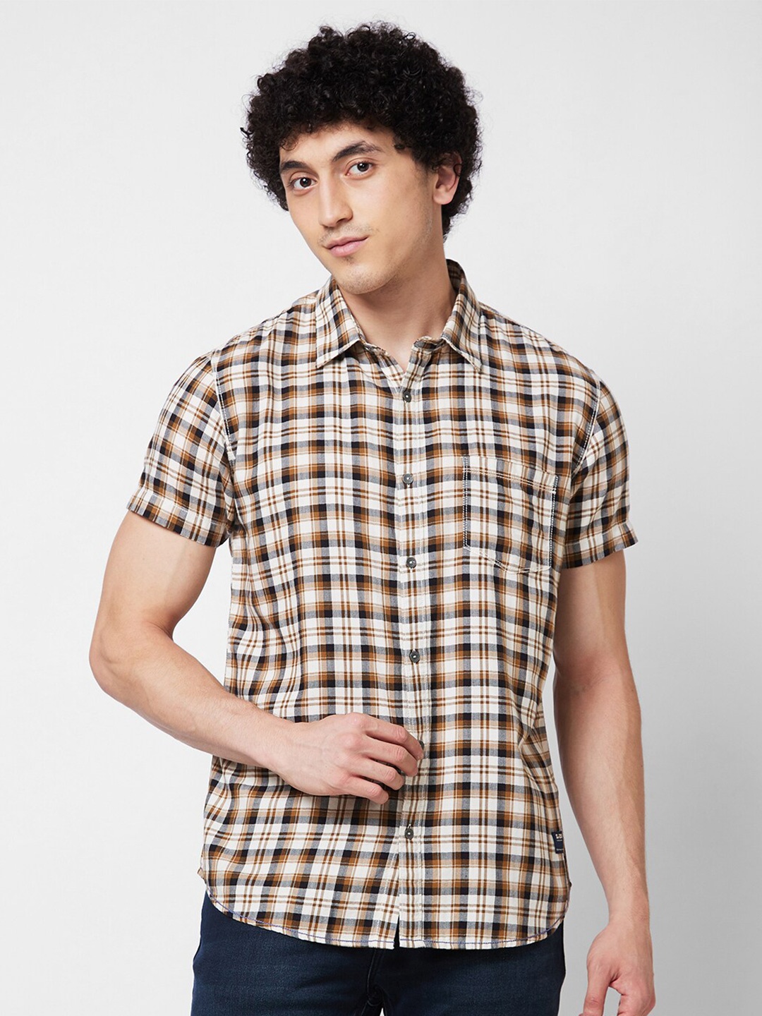 

SPYKAR Spread Collar Short Sleeves Cotton Checked Casual Shirt, Khaki