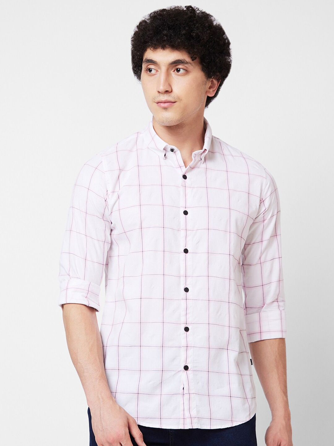 

SPYKAR Men Windowpane Checked Opaque Cotton Casual Shirt, Pink
