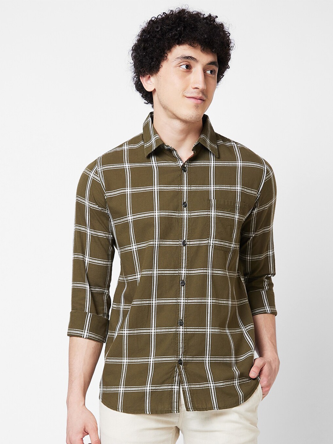 

SPYKAR Windowpane Checked Cotton Opaque Casual Shirt, Olive