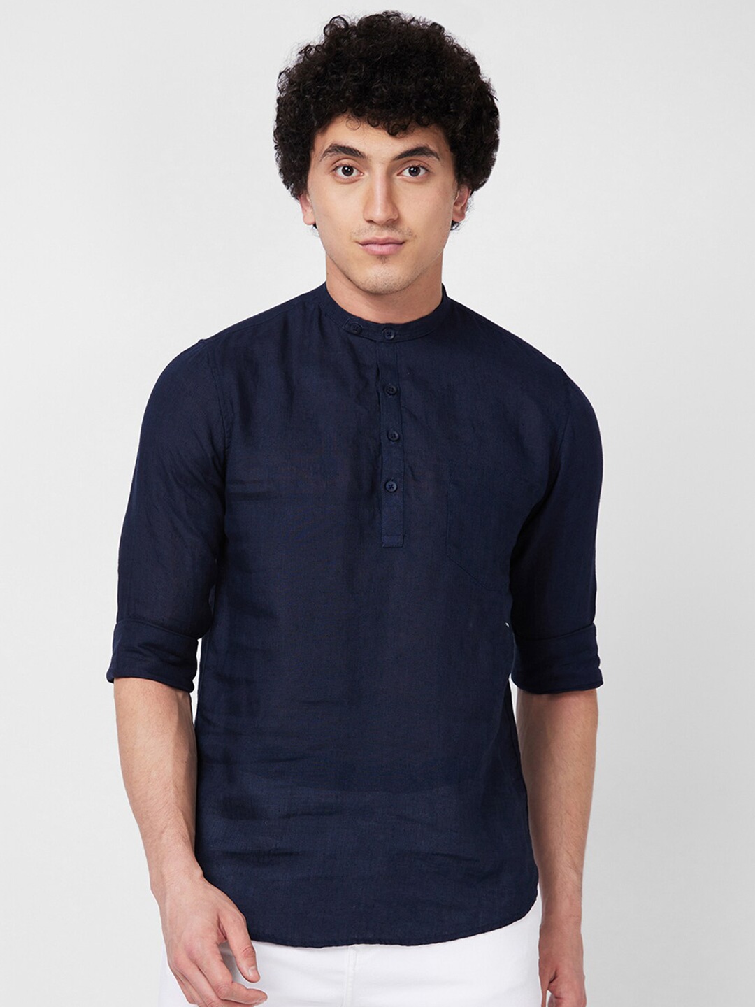 

SPYKAR mandarin collar Long Sleeves Casual Linen Shirt, Blue