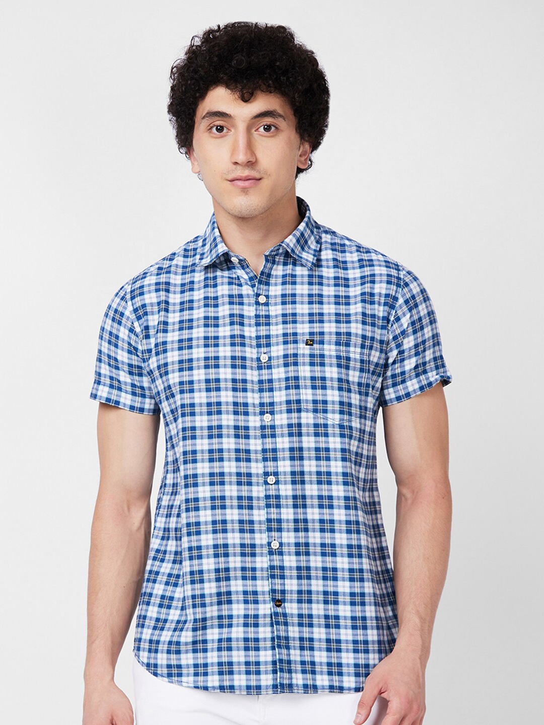 

SPYKAR Tartan Checked Spread Collar Cotton Opaque Casual Shirt, Blue