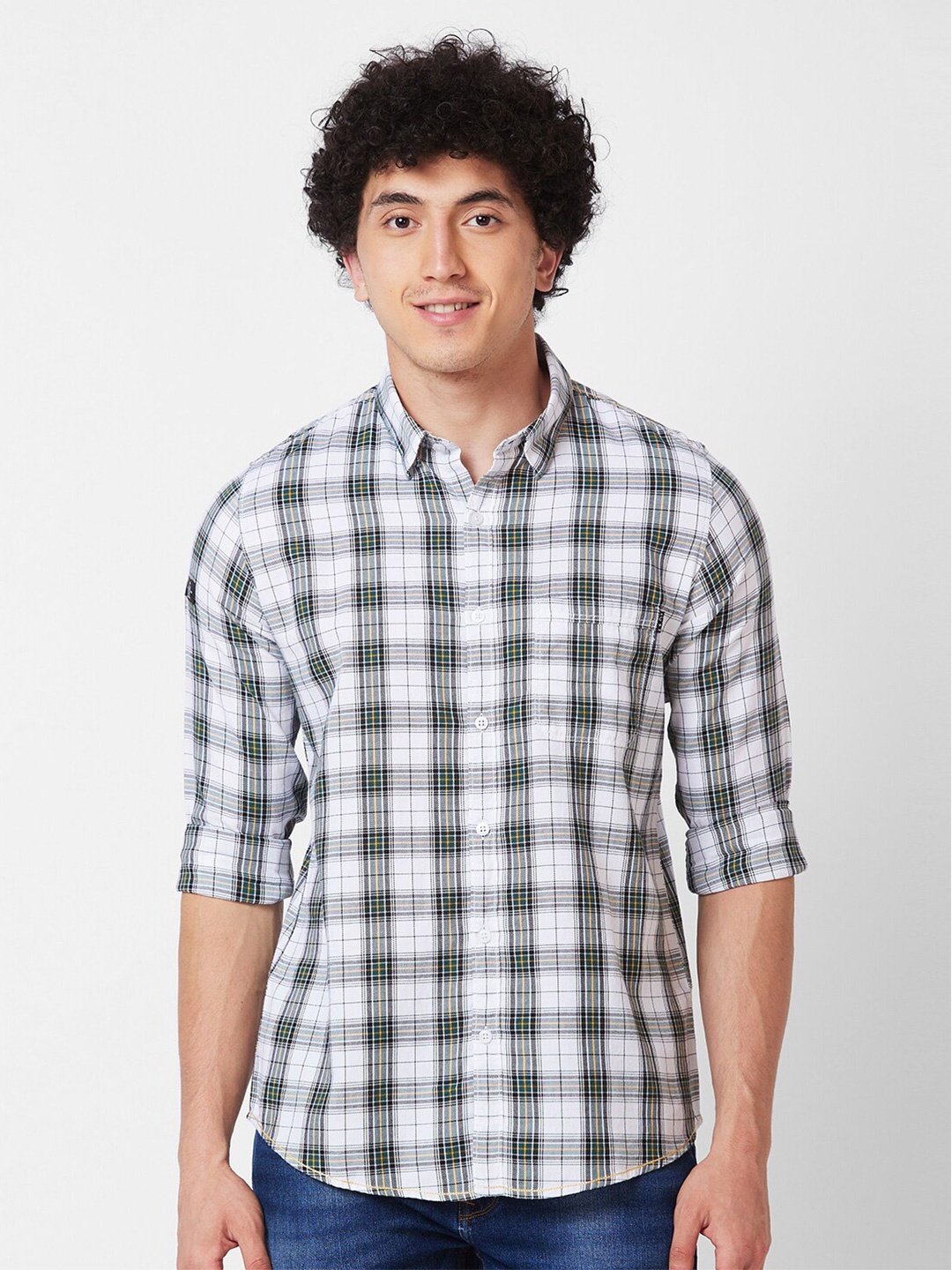

SPYKAR Long Sleeves Regular Fit Cotton Opaque Checked Casual Shirt, Green