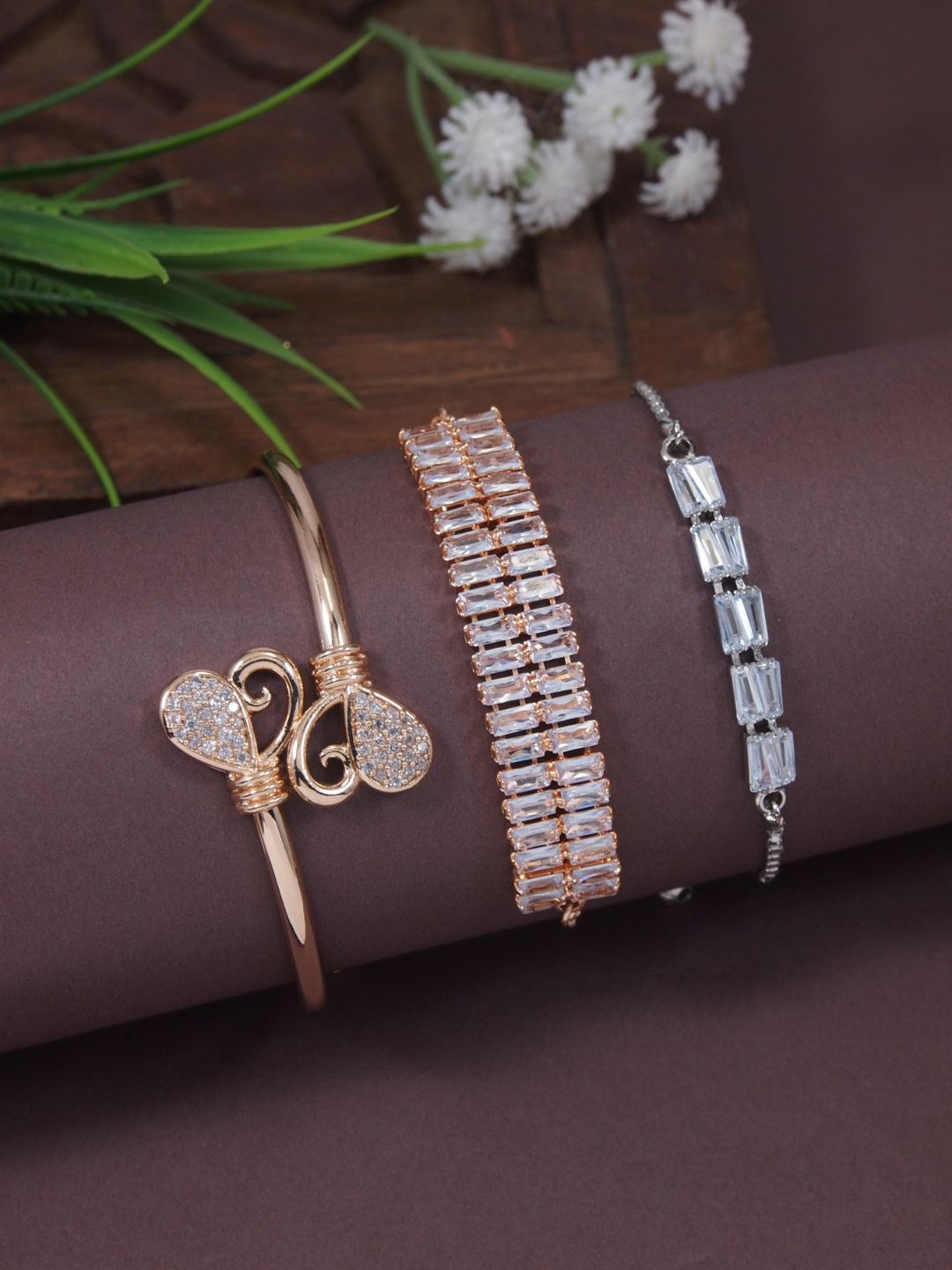 

I Jewels Set of 3 Rose Gold-Plated CZ Studded Link Bracelets