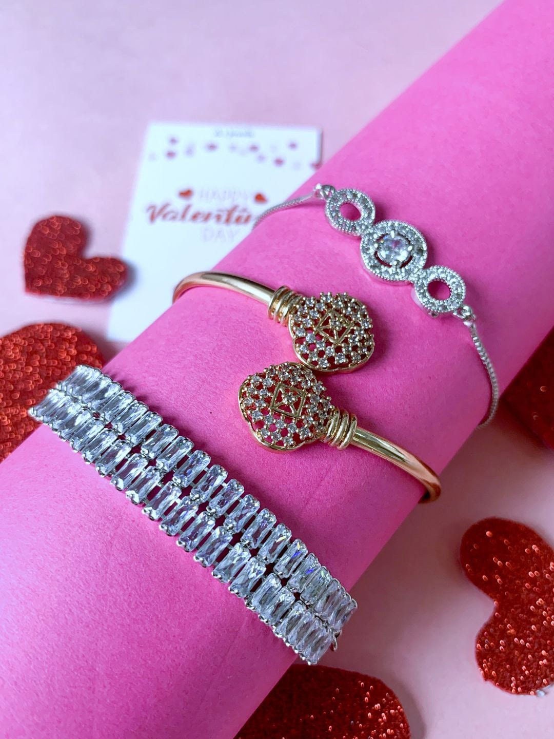 

I Jewels Set of 3 Silver & Rose Gold-Plated CZ Studded Link Bracelets