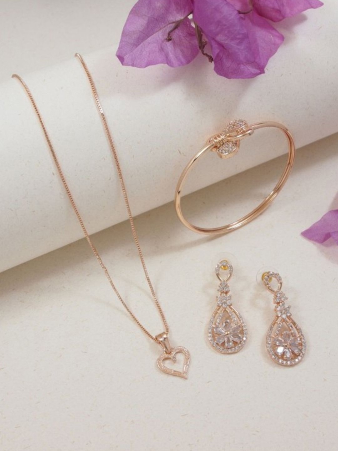 

I Jewels Rose Gold-Plated Cubic Zirconia Studded Jewellery Set