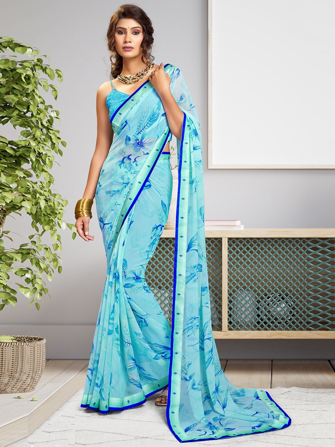 

SANSKAR Floral Printed Saree, Turquoise blue