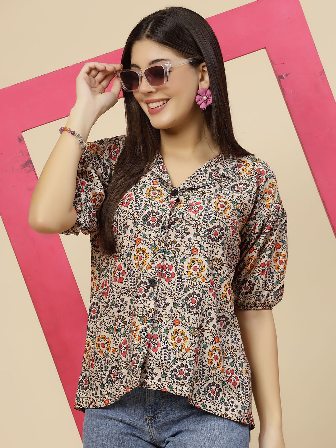 

MISS AYSE Pack of 2 Floral Printed Classic Cuban Collar Puff Sleeves Casual Shirt, Beige