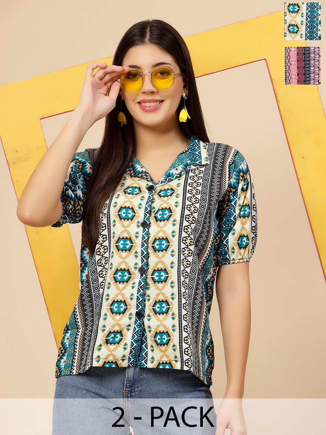 

MISS AYSE Pack Of 2 Bohemian Printed Shirt Style Tops, Green