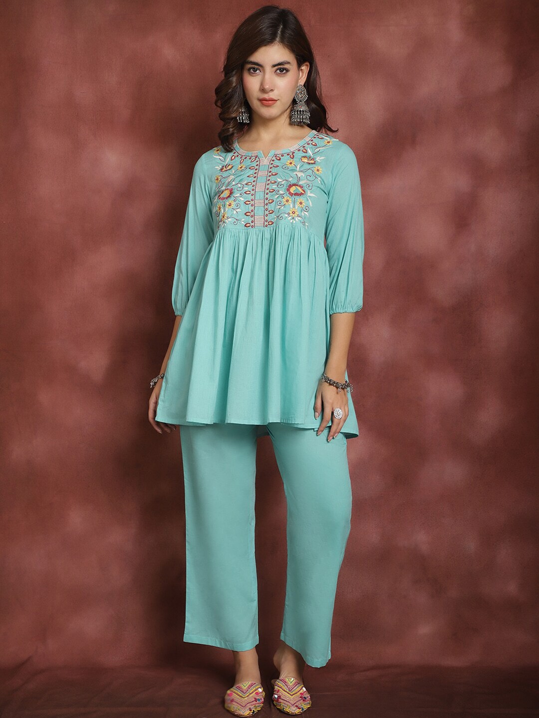 

Prakrti Sea Green Floral Embroidered Notch Neck Pure Cotton Tunic With Trouser