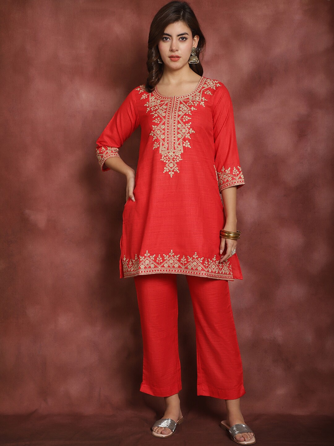 

Prakrti Embroidered Straight co-ord set, Red