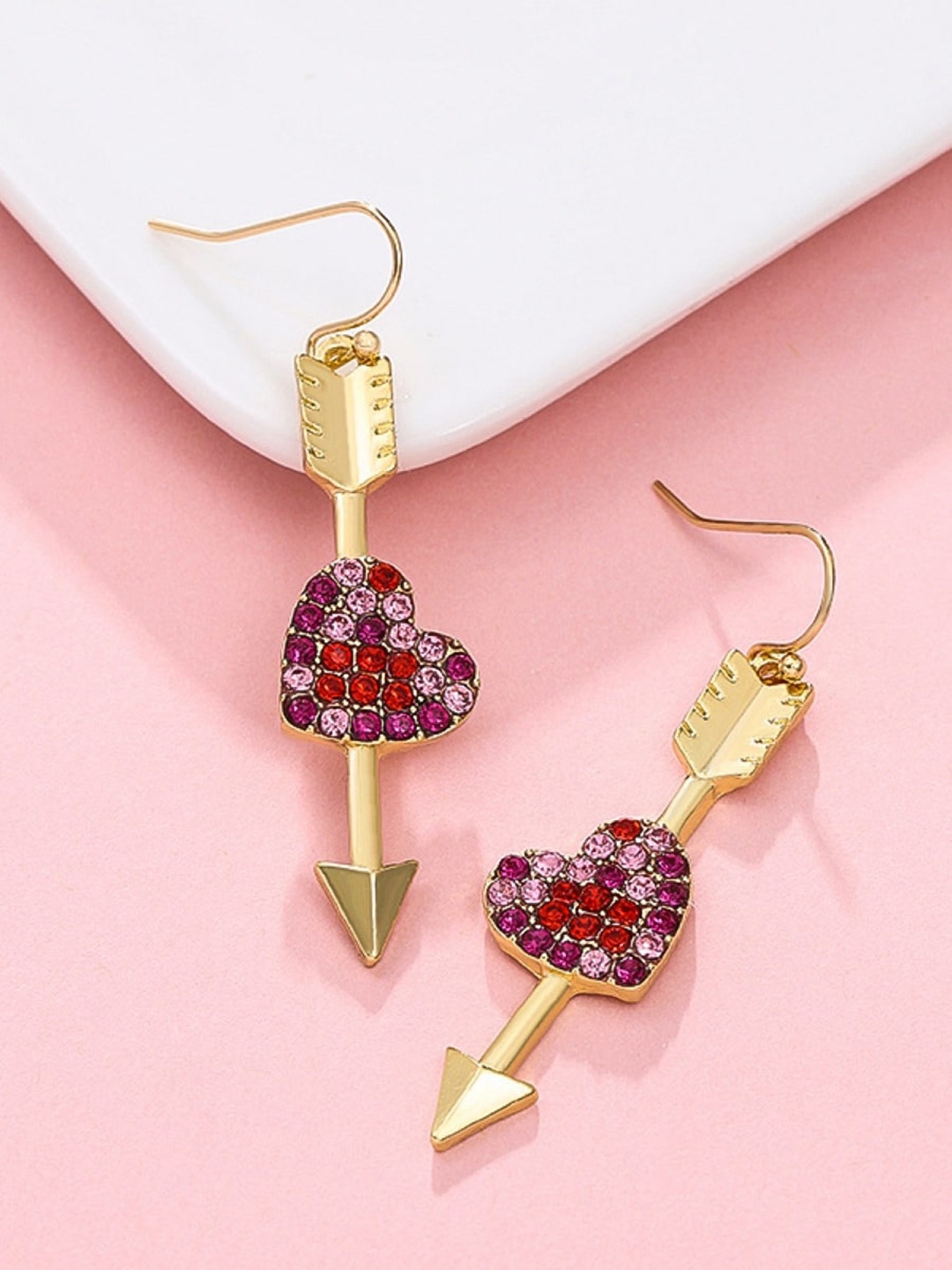 

EL REGALO Stones Studded Heart Shaped Drop Earrings, Gold