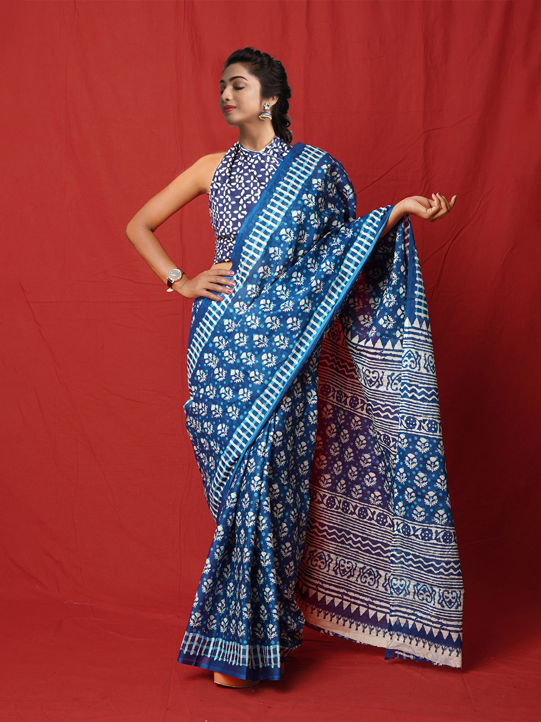 

Unnati Silks Ethnic Motifs Handloom Block Print Saree, Blue