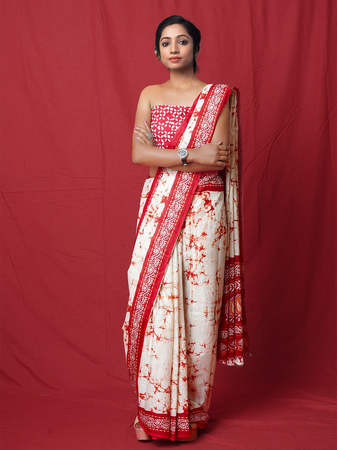 

Unnati Silks Handloom Block Print Saree, White