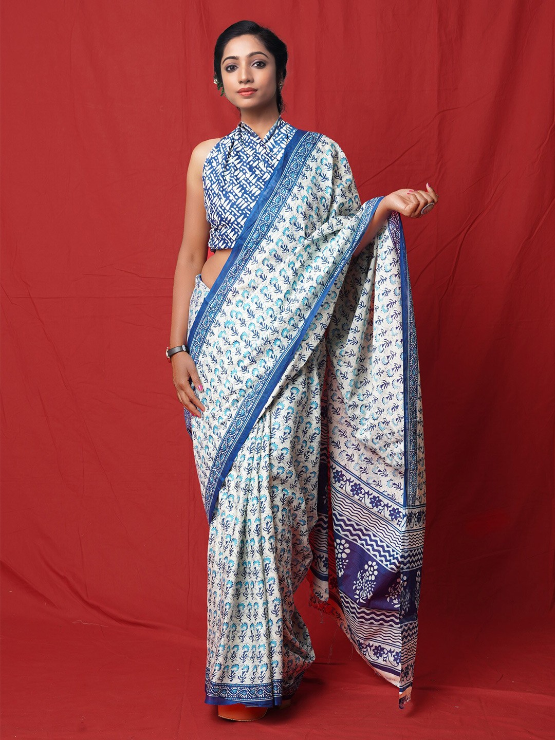 

Unnati Silks Ethnic Motifs Silk Cotton Handloom Block Print Saree, White