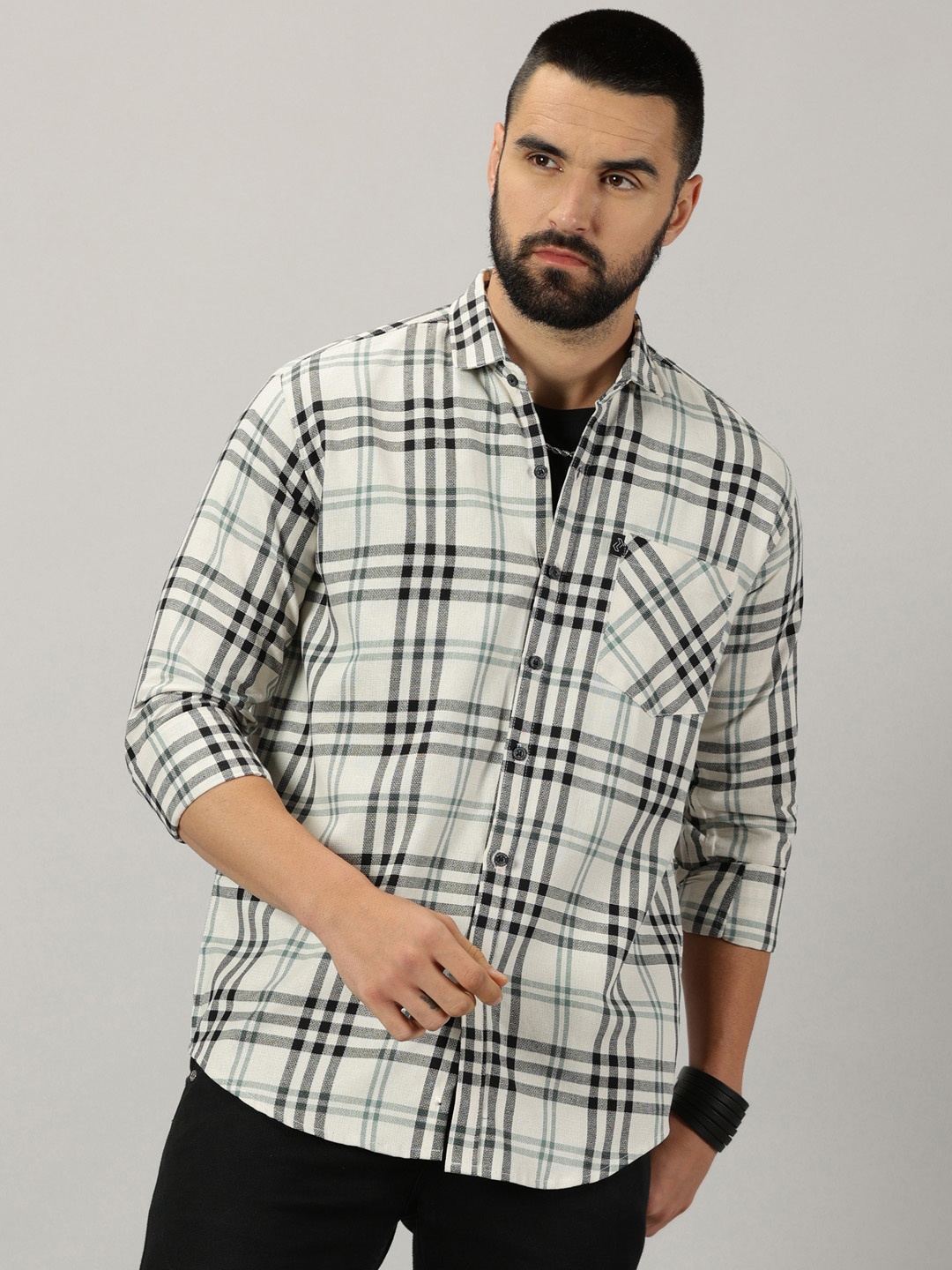 

Rodzen Comfort Tartan Checks Cotton Casual Shirt, White