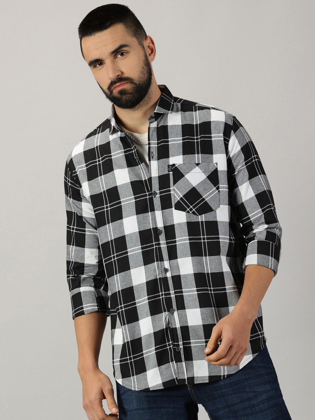 

Rodzen Comfort Tartan Checks Cotton Casual Shirt, Black