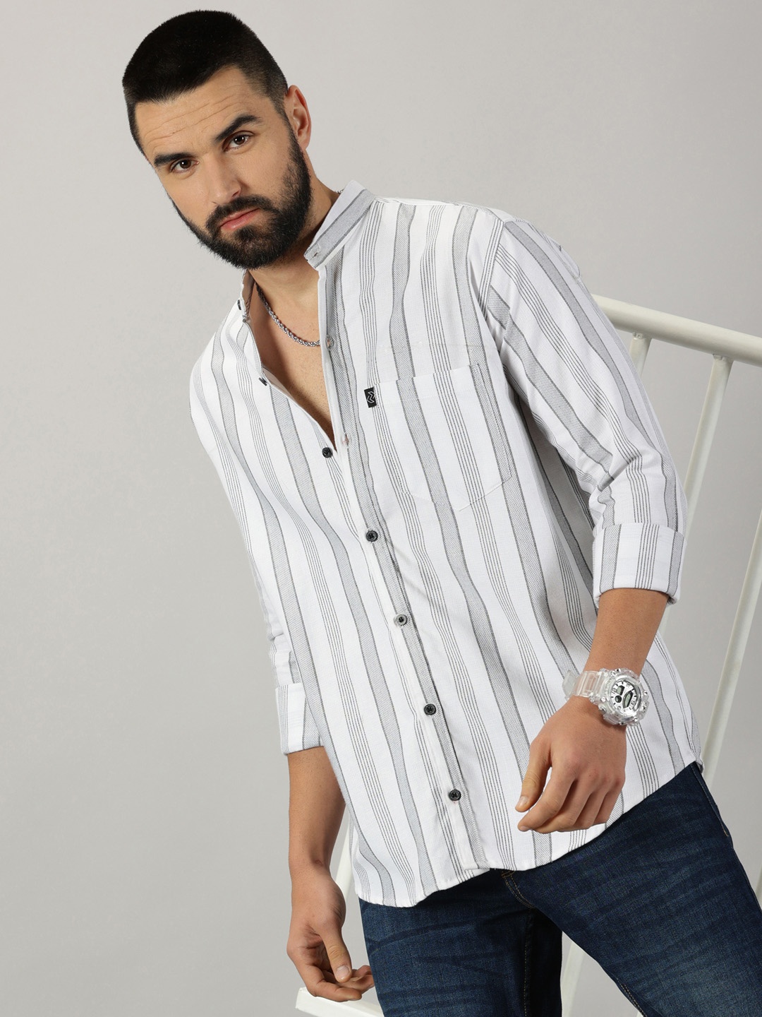 

Rodzen Comfort Striped Cotton Casual Shirt, White