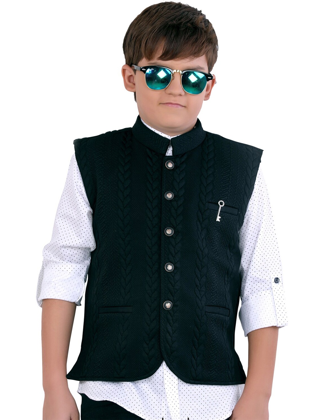 

BAESD Boys Classic Polka Dots Printed Opaque Cotton Casual Shirt With Nehru Jacket, Black