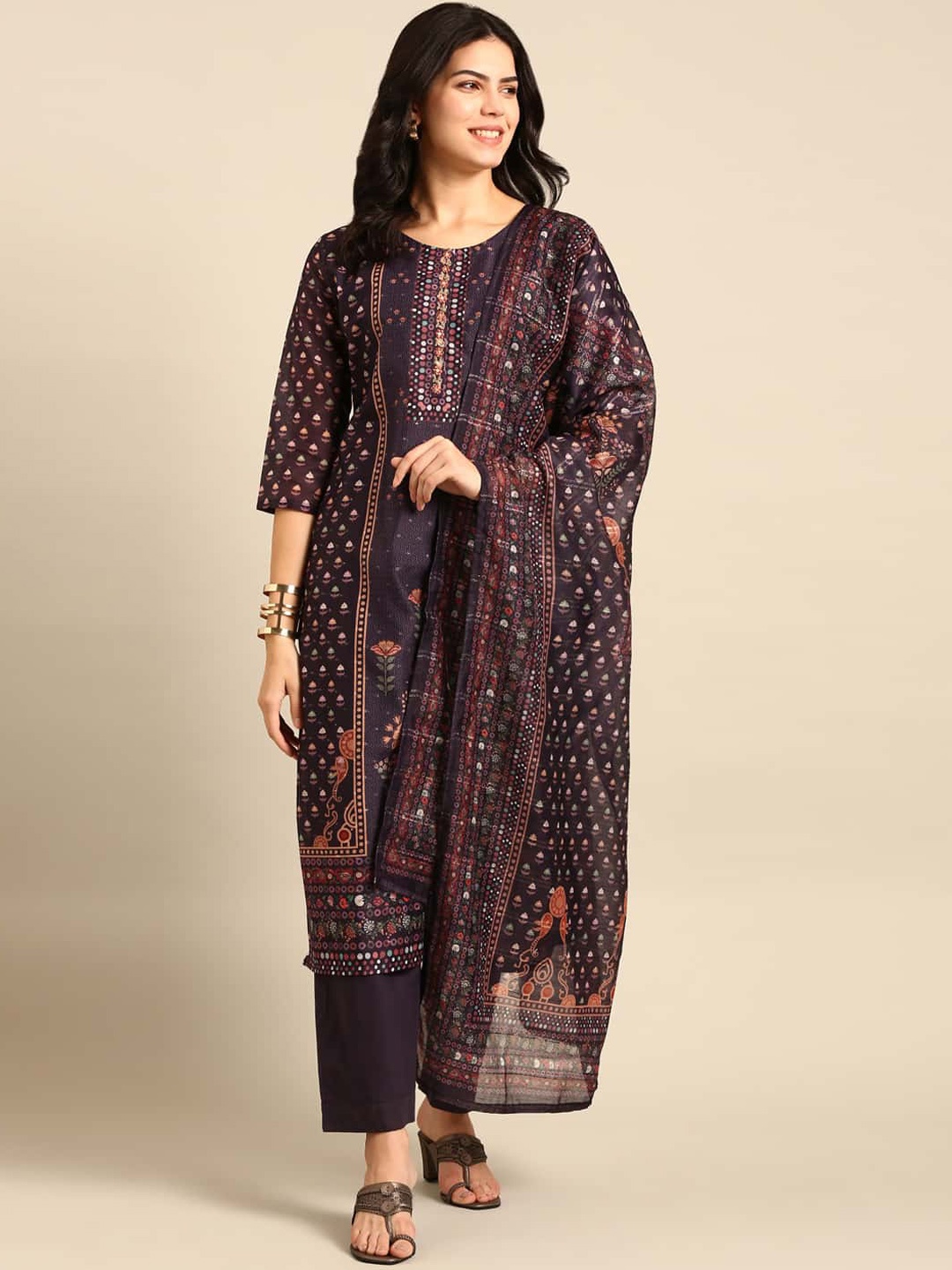 

Stylefables Ethnic Motifs Embroidered Regular Beads and Stones Kurta Trousers & Dupatta, Purple