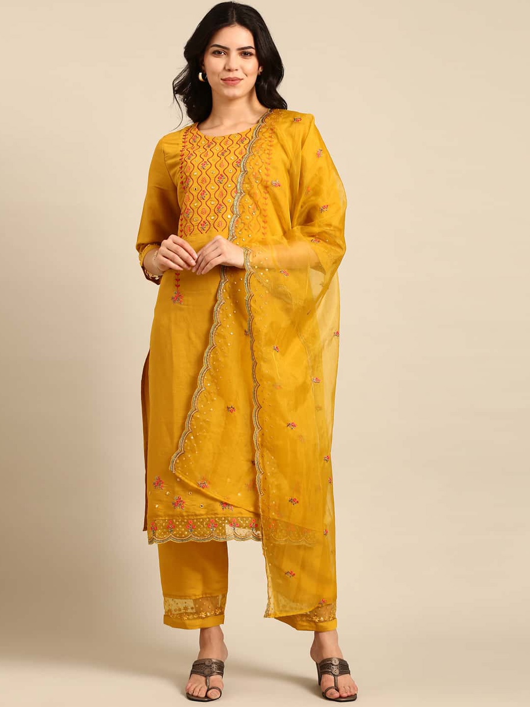 

Stylefables Ethnic Motifs Embroidered Regular Mirror Work Kurta with Trousers & Dupatta, Yellow