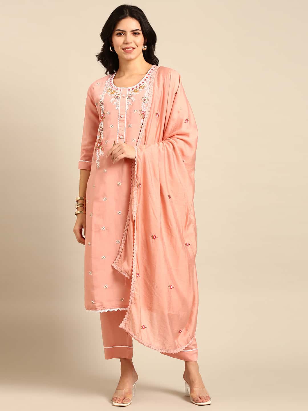 

Stylefables Ethnic Motifs Embroidered Regular Thread Work Kurta with Trousers & Dupatta, Peach