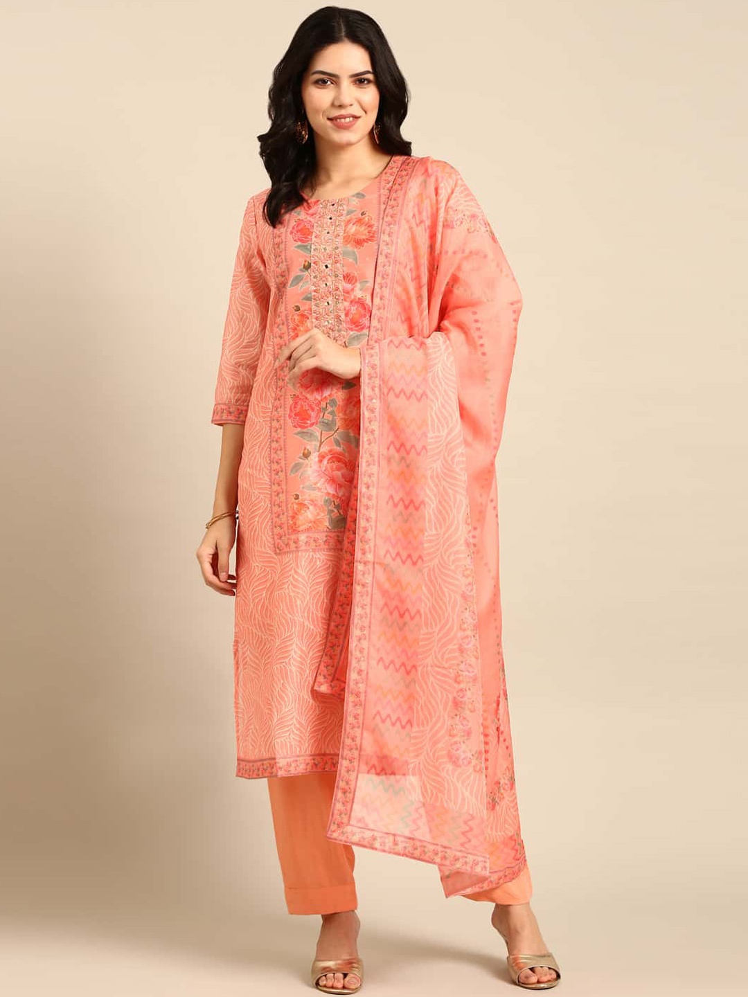 

Stylefables Ethnic Motifs Embroidered Regular Thread Work Kurta with Pyjamas & Dupatta, Peach