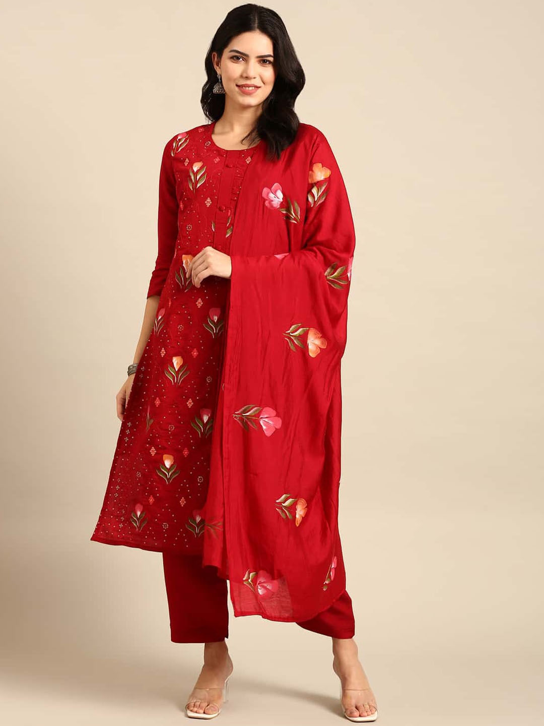 

Stylefables Floral Embroidered Regular Thread Work Kurta with Trousers & With Dupatta, Red