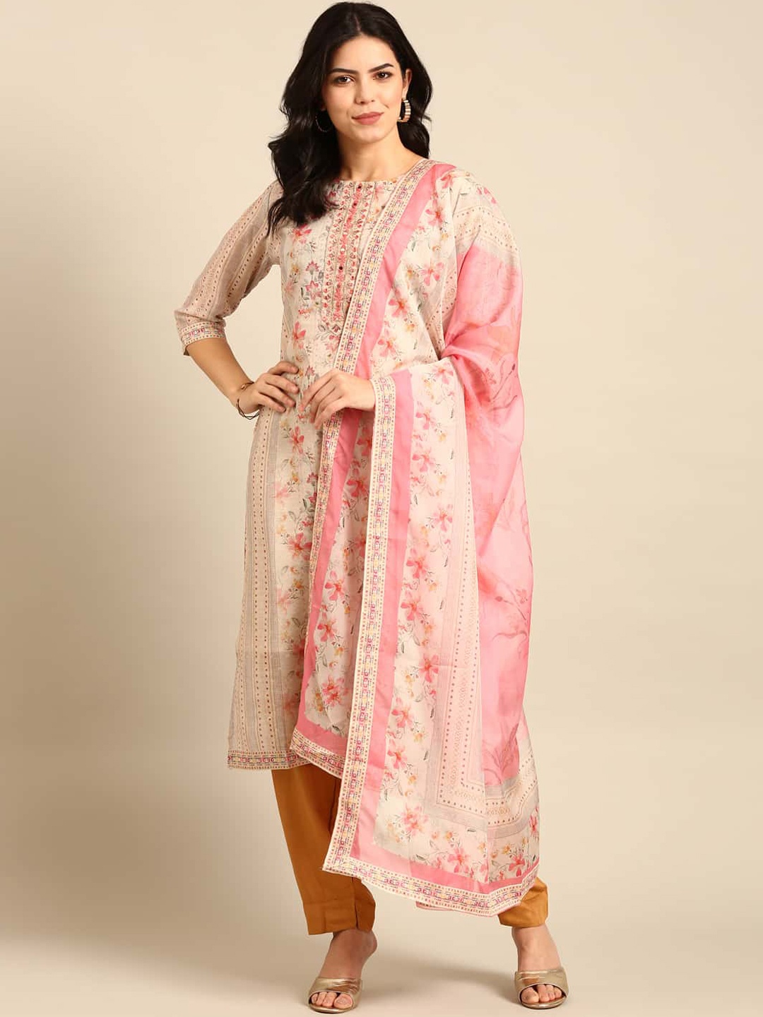 

Stylefables Floral Embroidered Regular Mirror Work Kurta with Trousers & With Dupatta, White