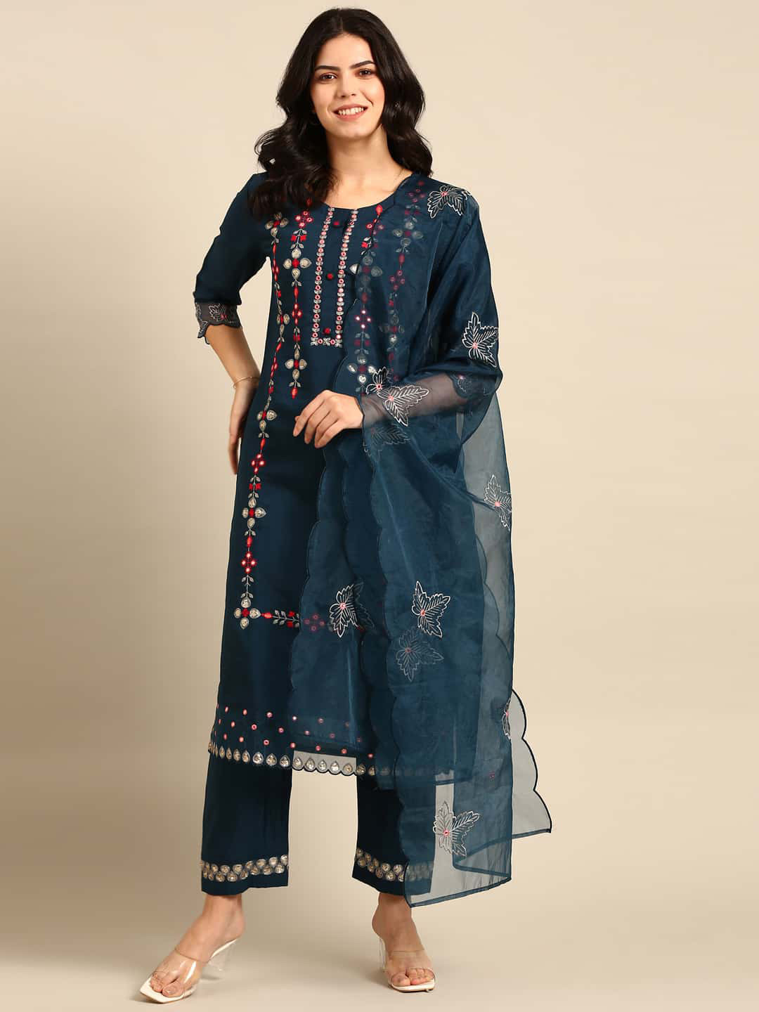 

Stylefables Ethnic Motifs Embroidered Regular Sequinned Kurta with Trousers & Dupatta, Blue