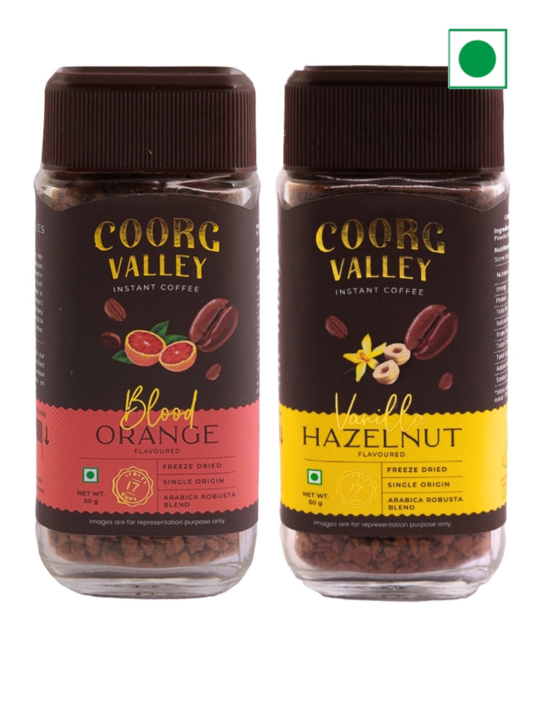 

Coorg Valley Pack Of 2 Vanilla Hazelnut & Blood Orange Instant Coffee 50gms, Pink