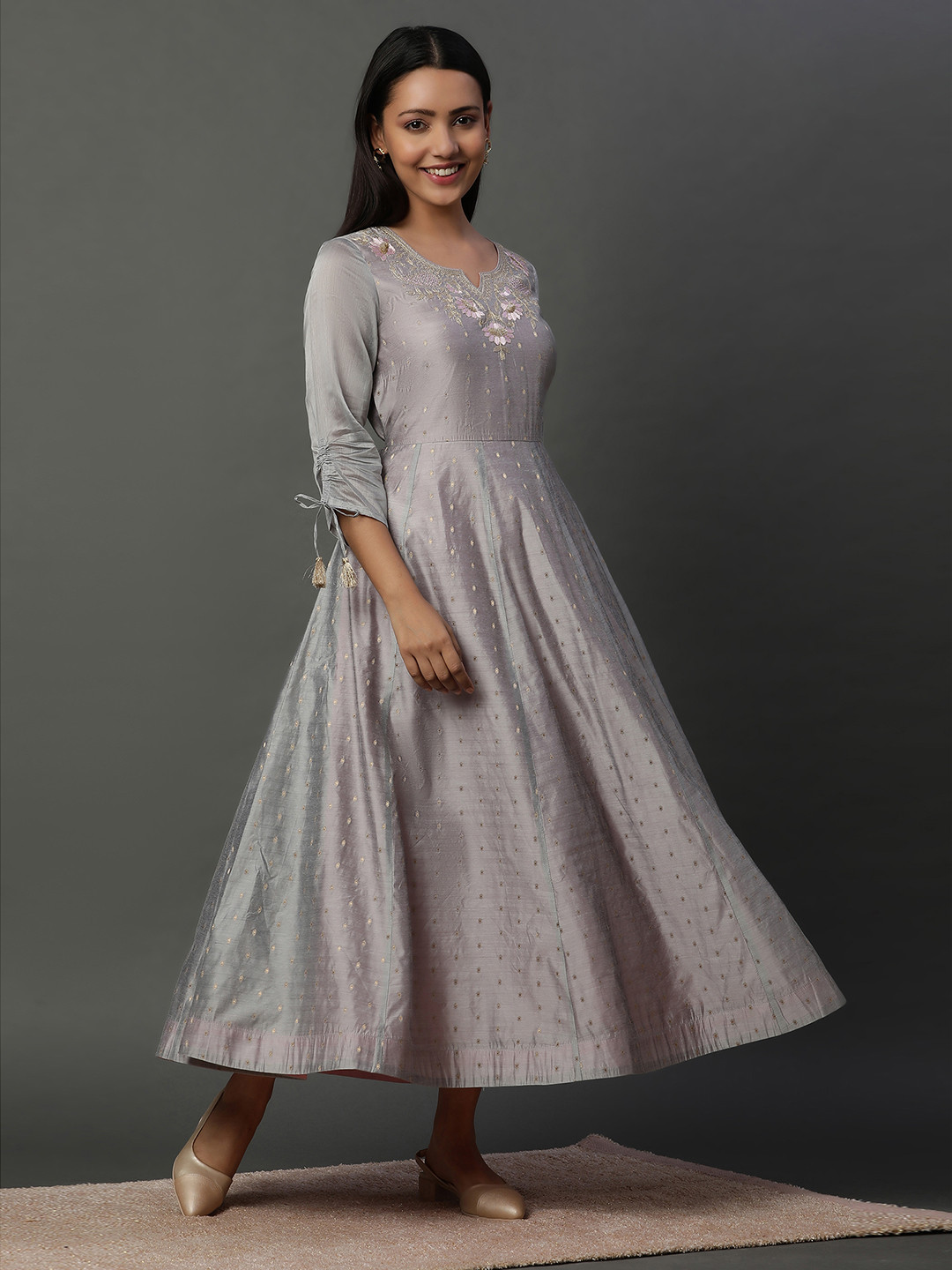 

AURELIA Floral Embroidered Round Neck Sequinned Fit & Flare Maxi Ethnic Dress, Grey