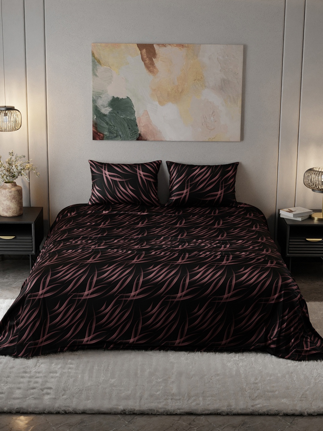 

Stoa Paris Rose Gold Toned Black Printed 300 TC King Satin Bedsheet With 2 Pillow Covers