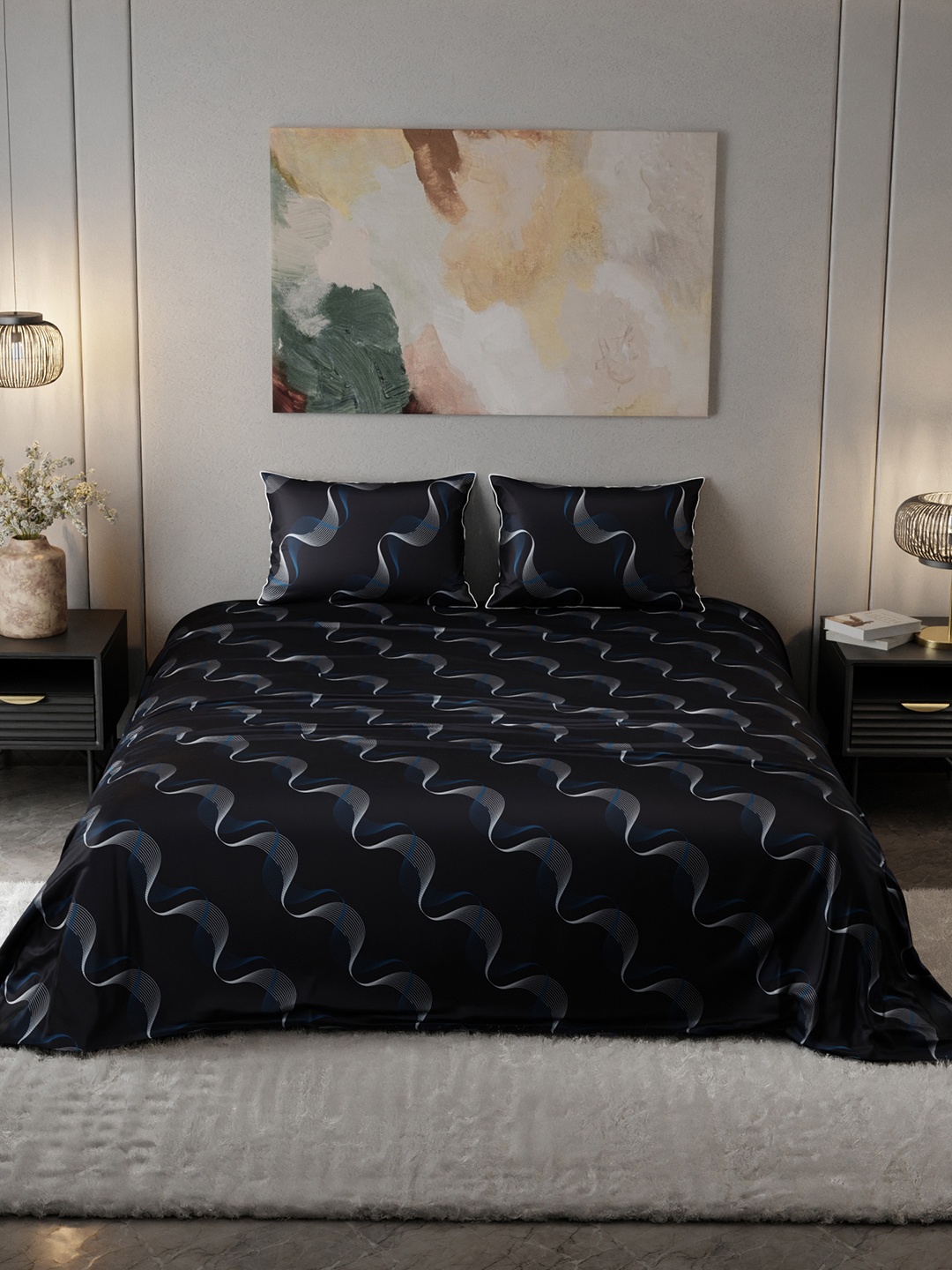 

Stoa Paris Teal Blue & Black Floral Printed 300 TC King Satin Bedsheet With 2 Pillow Covers
