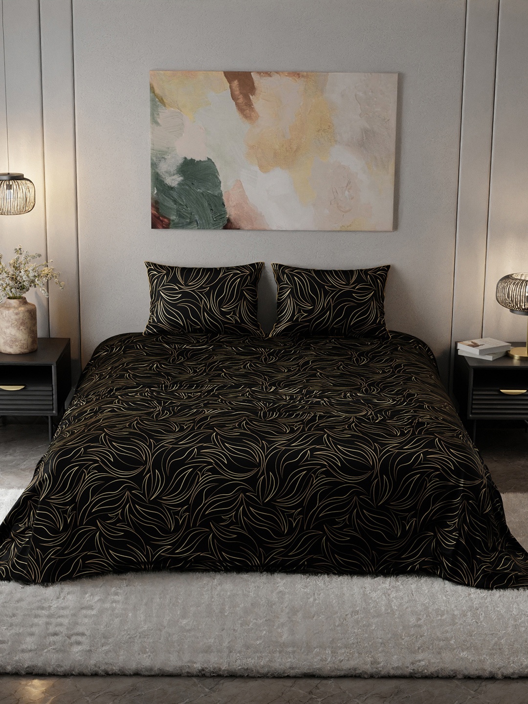 

Stoa Paris Gold Toned & Black Floral Printed 300 TC King Satin Bedsheet With 2 Pillow Covers