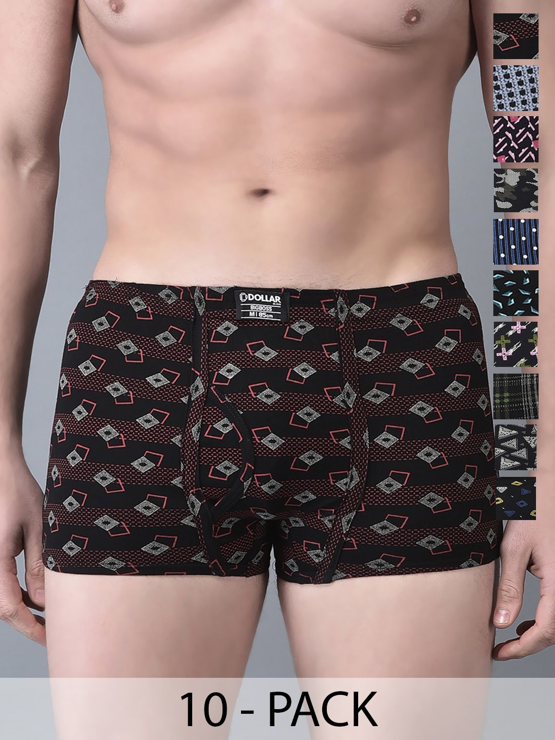 

Dollar Bigboss Men Printed Pack of 10 Soft Combed Cotton Trunks, Assorted