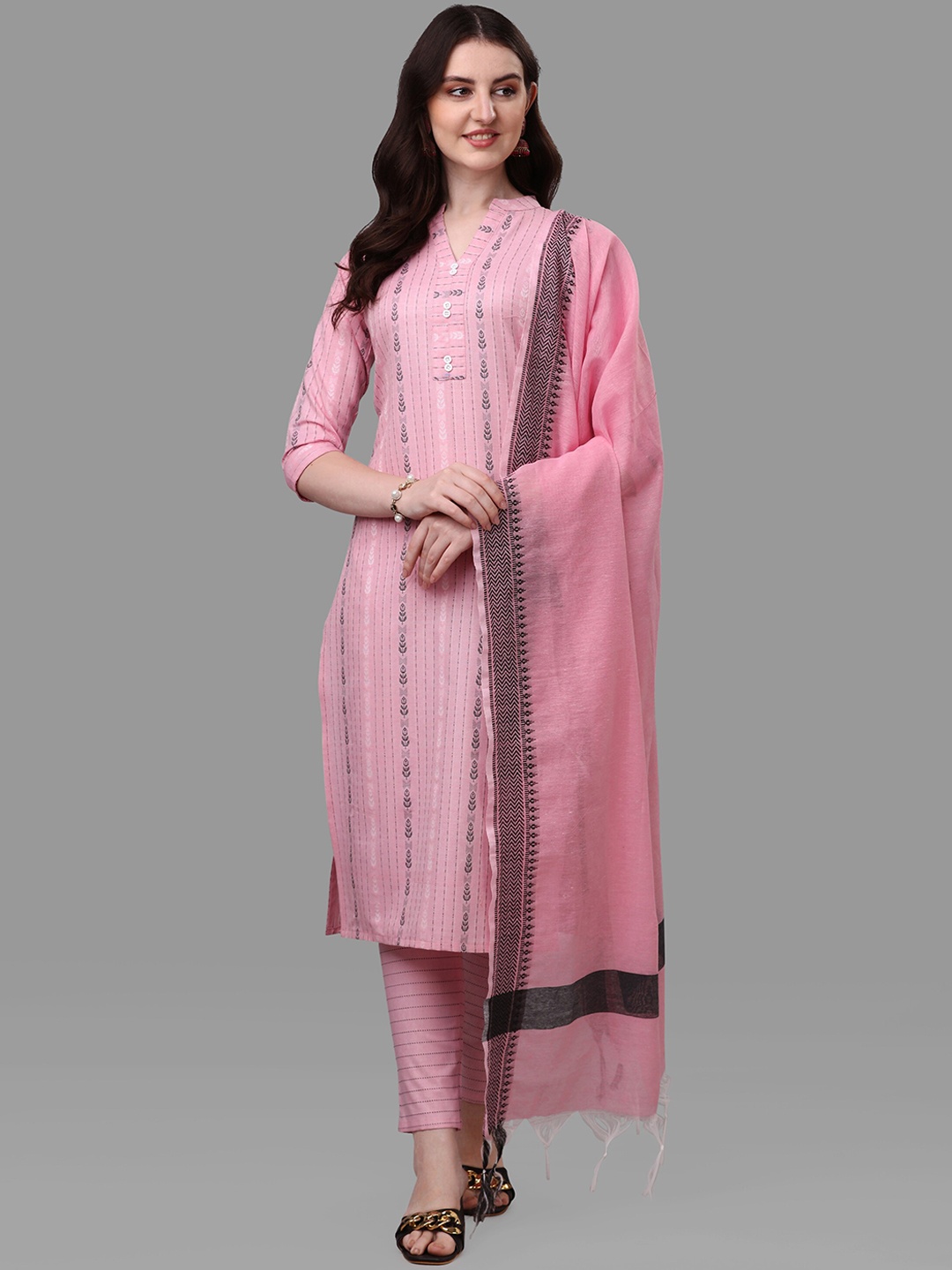 

WILNERCROWN Ethnic Motifs Printed Pure Cotton Straight Kurta With Trouser & Dupatta, Pink